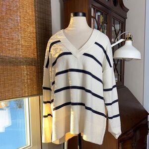 Aerie Navy and Cream V-Neck Sweater